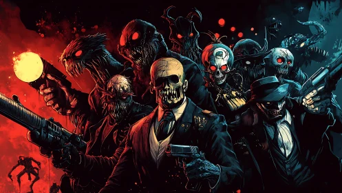 Skeletal crime syndicate advances through dual-tone infernal haze