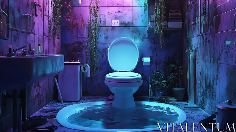 Neon jungle bathroom throne in surreal flooded twilight glow.