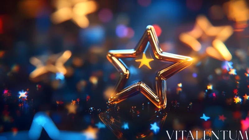Golden Star Ornament with Bokeh Lights in Festive Abstract Style.