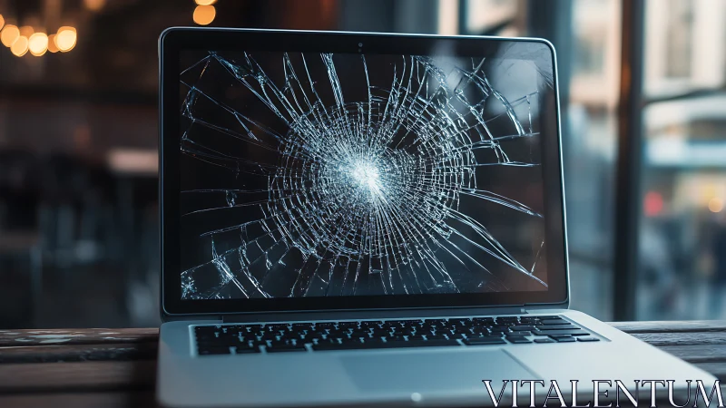 Shattered laptop screen blooms like a frozen digital shockwave.