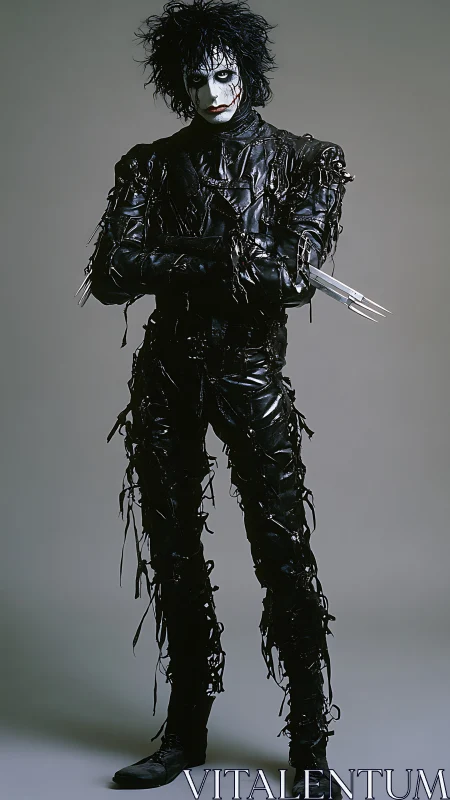 Full-length portrait shows costumed figure with blade hands