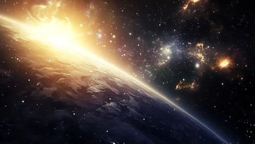 Glowing sunrise over Earth gently meets a starry cosmic sky