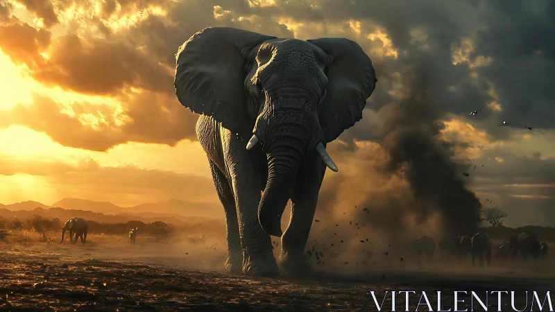 Elephant herd walks through dusty savanna at sunset