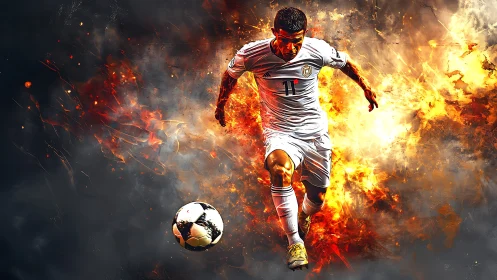Dynamic football striker in blazing fiery motion graphic.