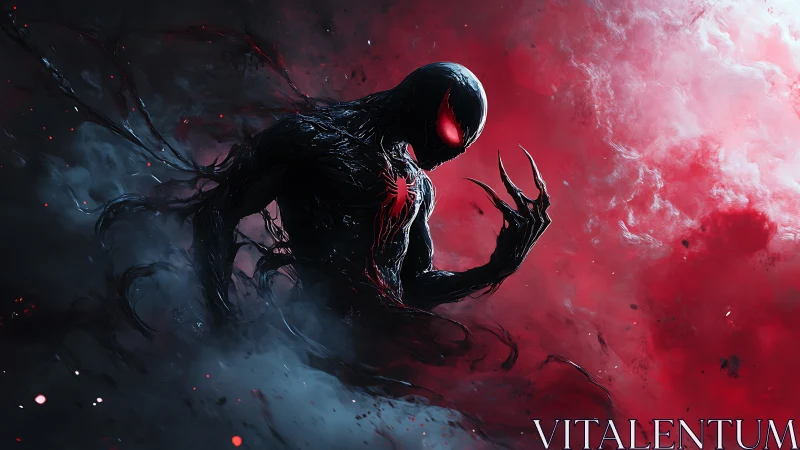 Symbiotic humanoid rendered in high-contrast red-black vapor field