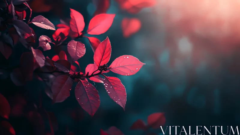 Red leaves with water droplets lit against dark blurred background