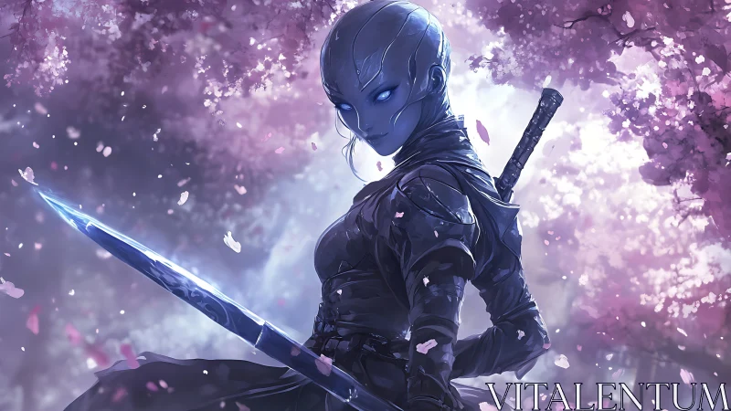 Alien warrior with glowing sword under pink blossom trees.
