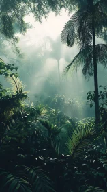 Tropical Canopy Filtered Through Morning Mist and Layered Foliage