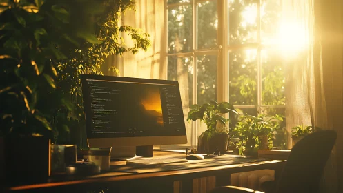 Home workspace with desktop monitor and indoor plants at window