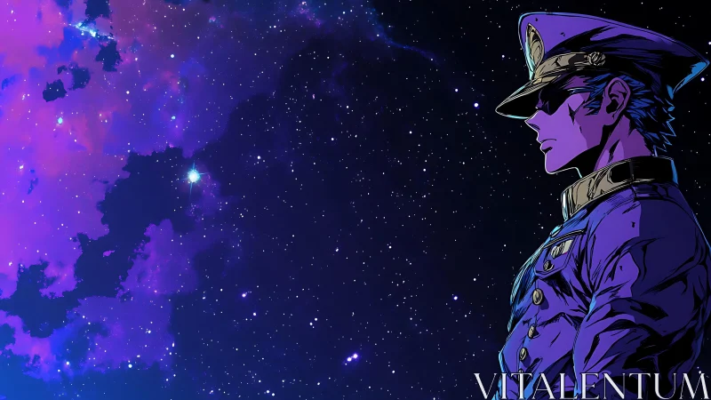 Cel-shaded space officer profile against violet nebula sky