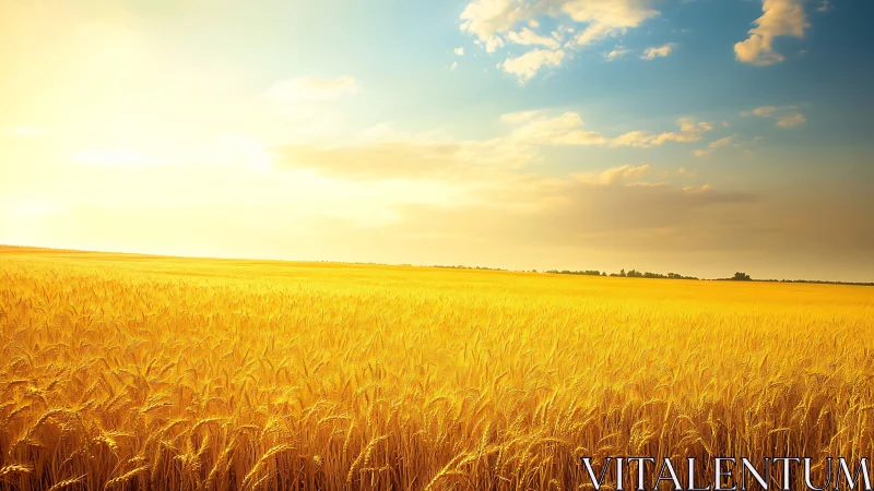 Golden wheat ocean glows softly beneath a drifting sky