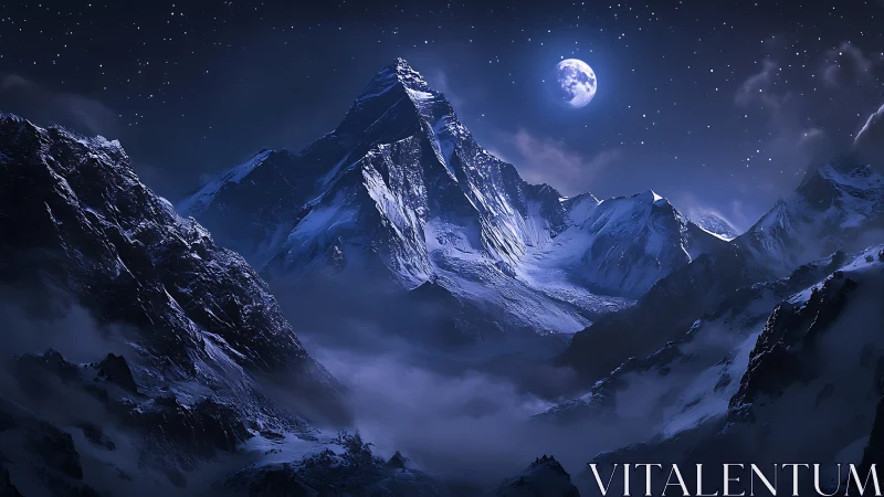 Nocturnal alpine massif under moonlit atmospheric perspective.