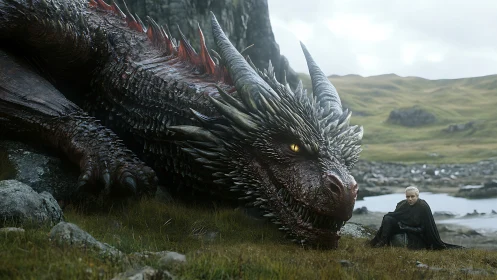 Armored dragon resting by rider in windswept moorland basin