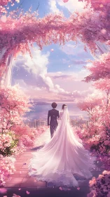 Newlyweds walk under cherry blossoms toward glowing sea
