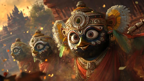 Ornate avian deity figures in processional temple setting.