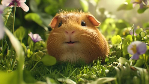 Micro-depth guinea pig portrait in sun-dappled foliage field.