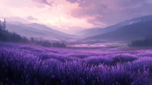 Lavender valley at dusk beneath soft rose-tinted skies.
