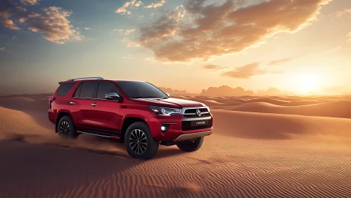 Red offroad SUV traversing desert dunes at sunset horizon.