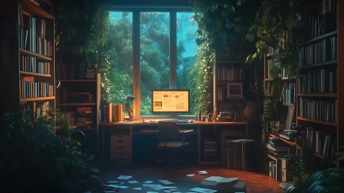 Computer workstation sits in lush, plant filled home library