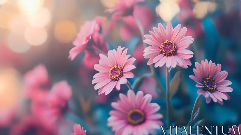 Radiant pink daisies bloom with golden warmth and soft bokeh light