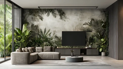 Contemporary living room integrates greenery and wall mural
