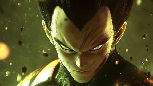 Fierce anime warrior locks eyes with glowing battle power