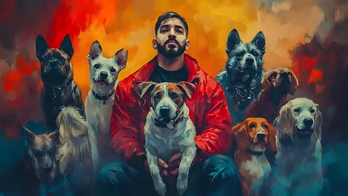 Dog guardian in red jacket surrounded by loyal pack