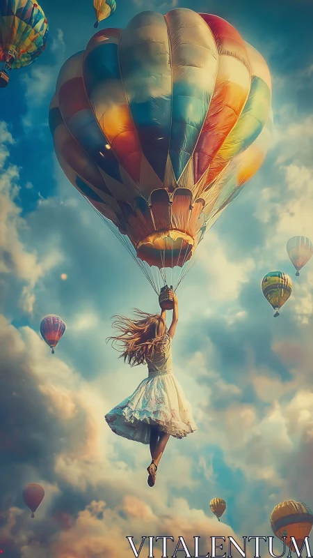 Backlit girl suspended from multicolored hot air balloon canopy