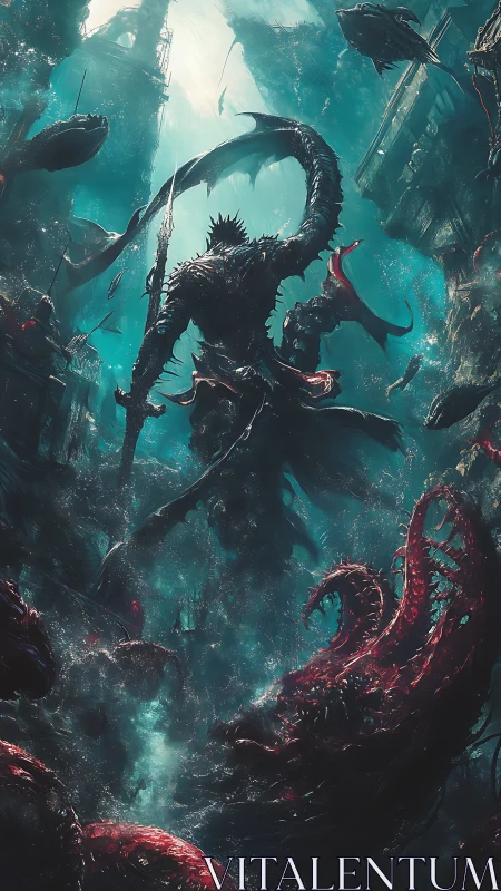 Underwater humanoid figure amid predatory sea creatures.