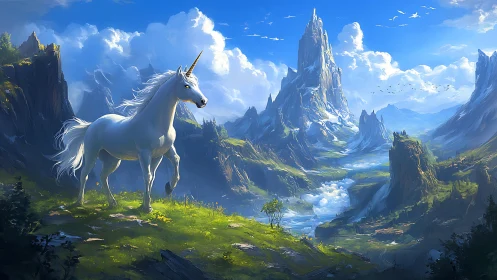 Majestic white unicorn above luminous fantasy valley panorama.