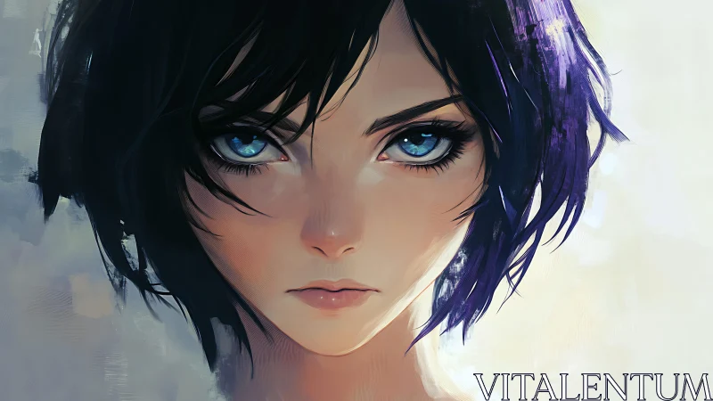 Intense blue-eyed heroine in luminous digital portrait painting.