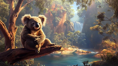 Koala rests on sunlit branch above tranquil waterfall gorge.