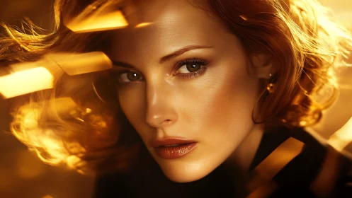 Golden-lit close-up portrait of red-haired woman in motion.