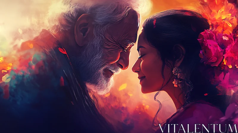 Digital portrait depicting two figures in profile against warm atmospheric lighting