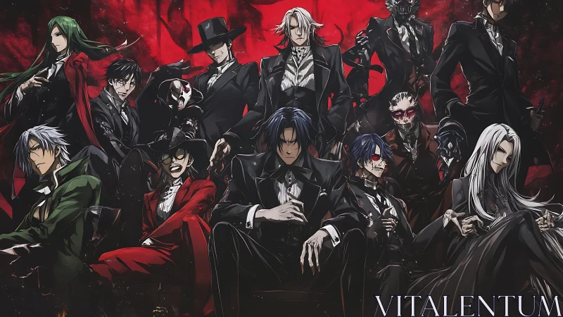Anime ensemble of suited antiheroes in crimson-backed tableau.
