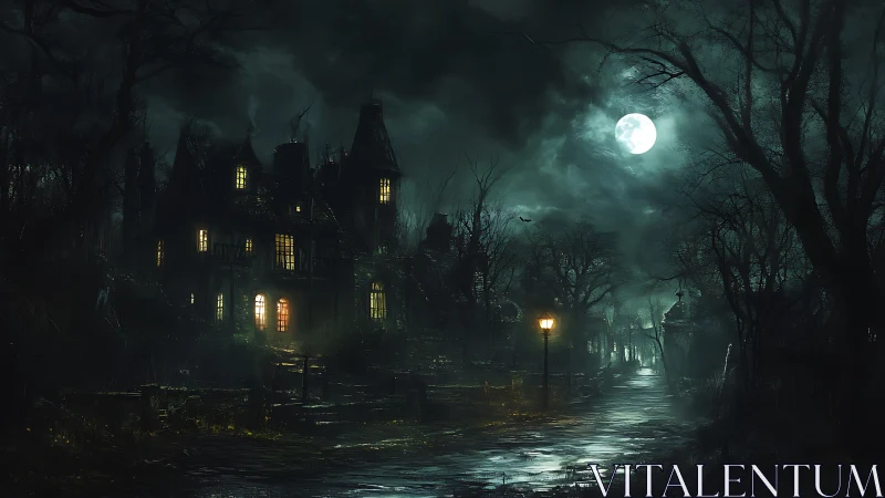 Moonlit road beside old mansion in dense barren trees.