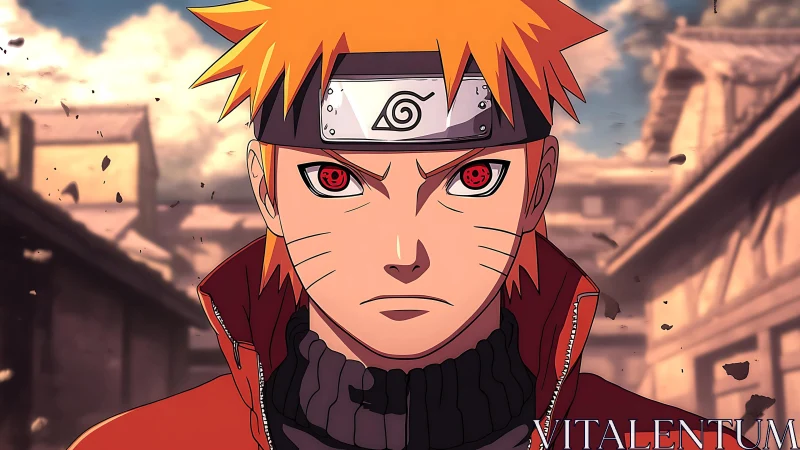 Orange-haired anime figure with headband in street scene.