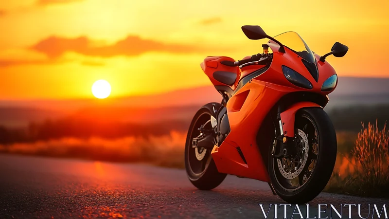Sport motorcycle on open road against vivid sunset sky.