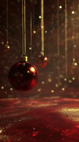 Red glass ornament with golden bokeh in warm light.