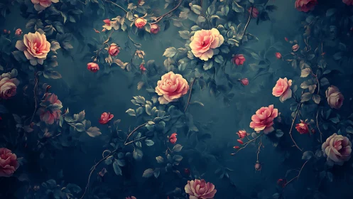 Floral arrangement with roses on dark teal background surface.