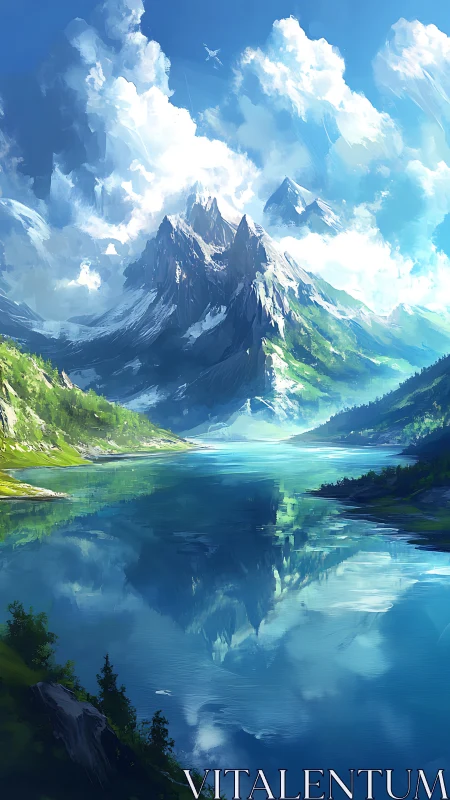 Alpine peaks rise above crystal lake in vivid light.