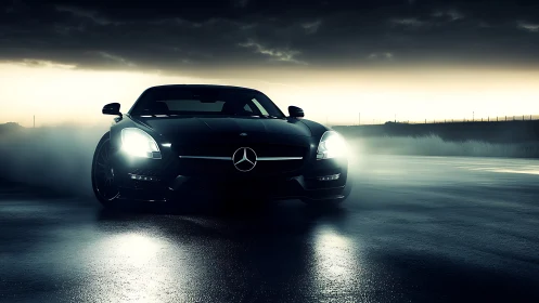 High-contrast sports coupe accelerates on wet dusk racetrack