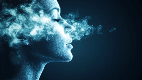 Luminous digital profile dissolving into swirling mist.