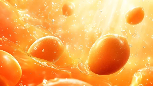 Citrus fruits suspended in luminous effervescent orange liquid