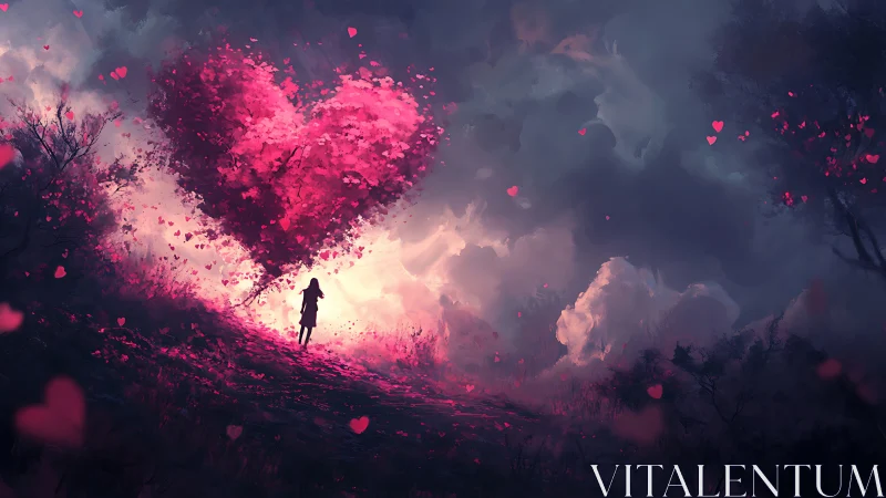 Solitary Figure Among Glowing Pink Hearts.