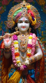 Radiant Krishna idol adorned with vibrant garlands and jewels.