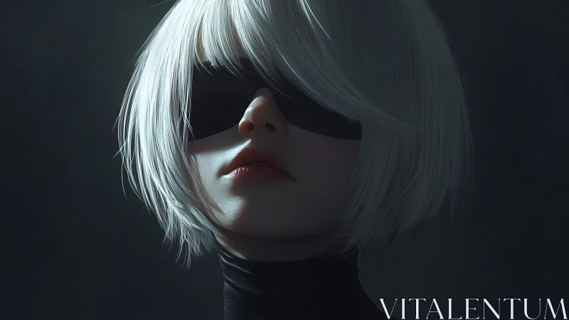 Luminous white-haired android in quiet cyberpunk shadows.