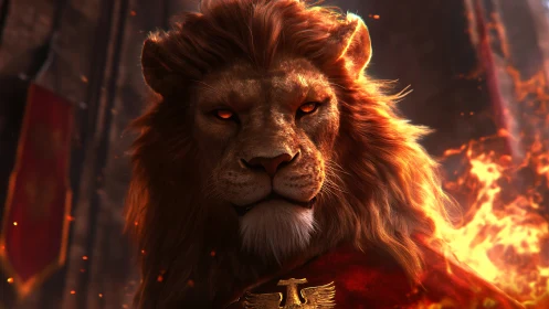Regal armored lion rendered with cinematic lighting and embers