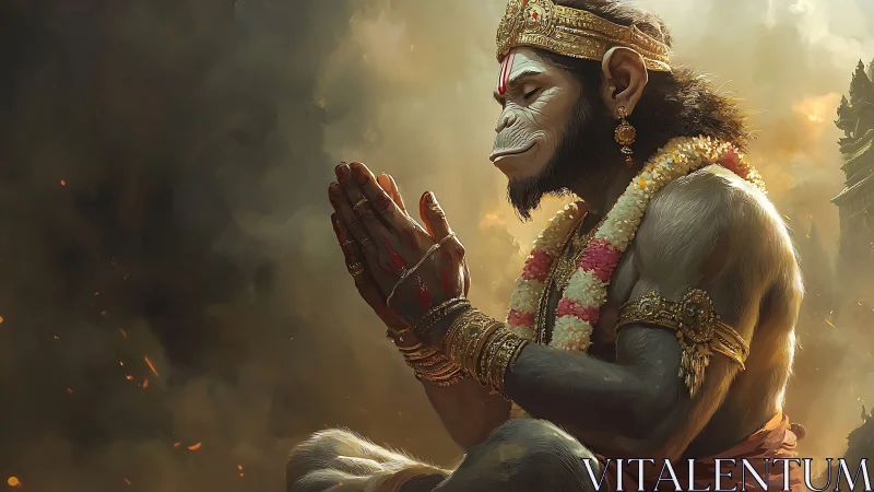 Praying warrior-monkey quiets swirling embers with serene grace