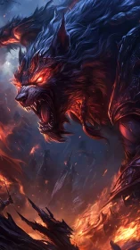 Demonic wolf erupts from flames with glowing red eyes.